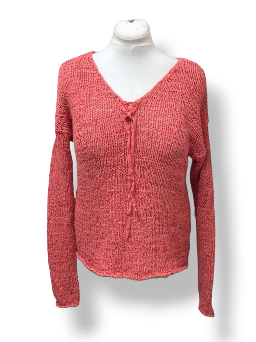 Sonoma Womenโs Long Sleeve V Neck Loose Knit Pullover Sweater Stretch Coral XL